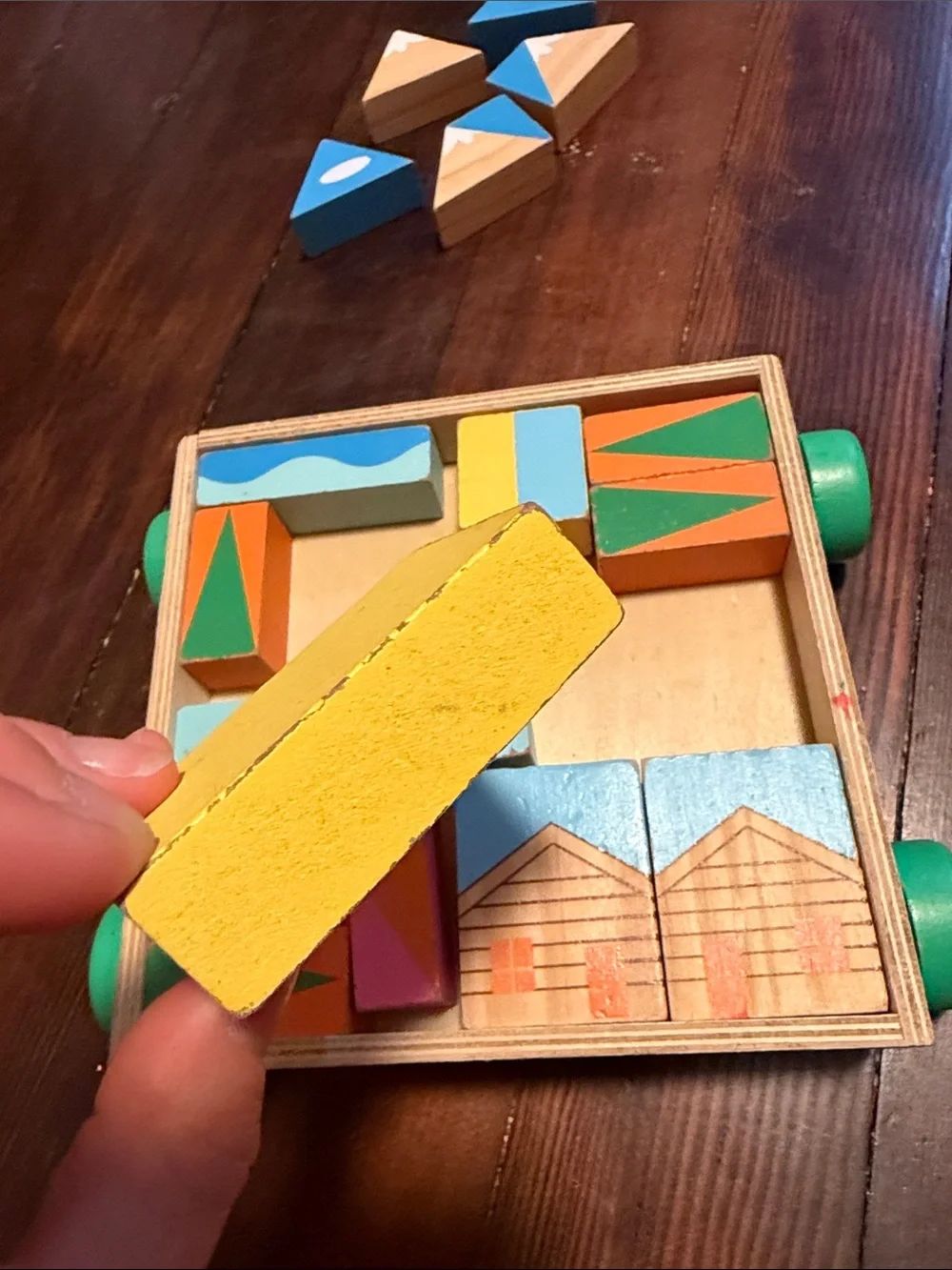 Wooden Building Block Set - 18 colorful painted wooden blocks rolling tray